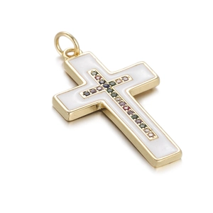 Golden cross necklace pendant with white inlay and colorful gemstone cross detailing