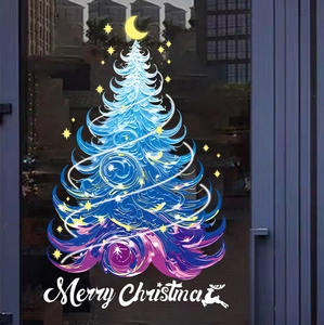 Adesivo artistico blu-viola per vetrina con albero di Natale e scritta Merry Christmas