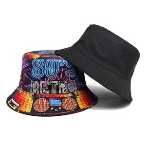 Reversible 80s retro bucket hat for men and women featuring colorful vintage prints