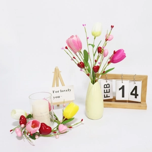 Valentine Tulip and Heart Berry floral arrangement with scented candle and gift calendar