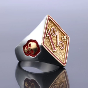 Macro view of biker ring with gold 1% ER emblem and skull relief detail on band