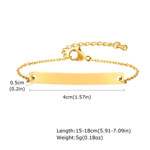 Detail of gold chain bracelet with polished 4x0.5cm metal plate and size markings