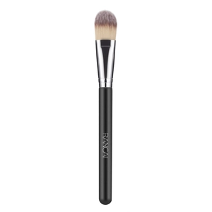 Macro shot of two-tone gradient fiber bristles and sleek silver metal ferrule on foundation brush