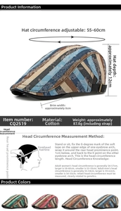 Size chart for striped cotton ivy cap showing adjustable 55-60cm circumference and brim