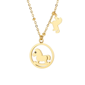Golden stainless steel necklace with hollow rocking horse and puppy pendants on white background