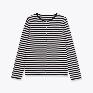 Gilet Rayé En Tricot Pour Femmes Pull À Manches Longues Col Rond Boutonné Marine Blanc Style Français Décontracté