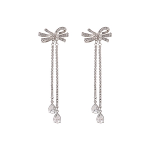 Bow tassel earrings in 925 silver with sparkling crystals and teardrop pendants