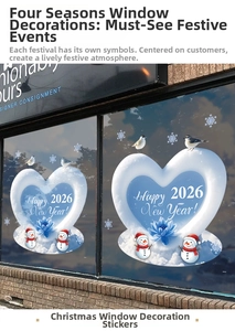 Dettaglio degli adesivi per finestre Capodanno 2026 con pupazzo di neve e cuori blu