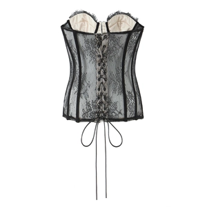 Sleek black lace corset top with beige lining and adjustable lace-up back design