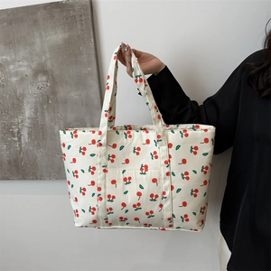 Women Cute Cherry Print Tote Bag Large Capacity Oxford Cloth Shoulder Handbag With Side Pockets Casual Style For Students
