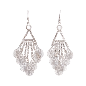 Silver hollow leaf tassel drop earrings with white rhinestones for a luxury look