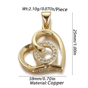 Macro view of 18K gold plated heart pendant with zircon inlay showing dimensions and weight