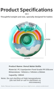 Donut water bottle detail showing 380ml capacity and safe Tritan material specifications