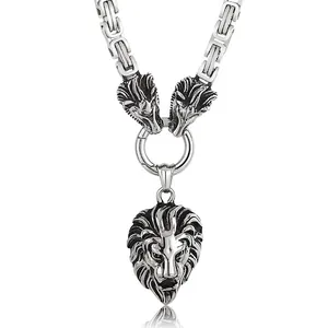 Lion Head Shield Pendant Necklace 316L Stainless Steel Byzantine Chain Gothic Punk Hip Hop Streetwear Jewelry For Men