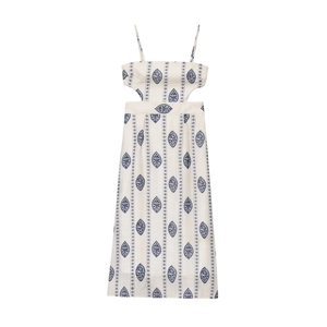 Women Bohemian Leaf Print Midi Dress Summer Spaghetti Strap High Waist Cut-Out Slim Fit Beach Holiday Ethnic A-Line Dress
