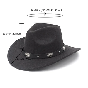 Classic black wide-brim cowboy hat with leather band and dimensions 56-58cm