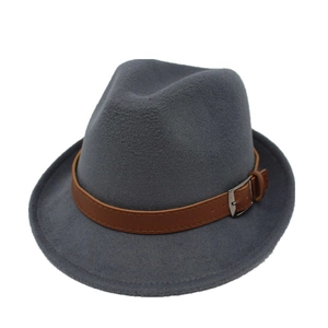 Detail of grey wool felt fedora featuring a brown faux leather band with metal buckle