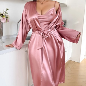 Women's dusty pink satin long robe and slip dress set with elegant waist tie