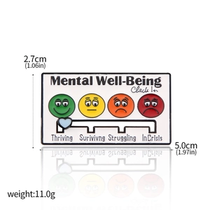 Detail view of sliding enamel pin with mental well-being status and size indicators