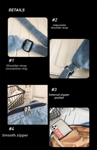 Detail of denim crossbody bag with adjustable buckle and internal zipper pocket