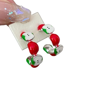 Silver needle asymmetric apple earrings with red enamel and pavé rhinestones for women
