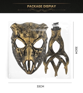 Bronze skull mask and antler set packaging display with detailed size measurements