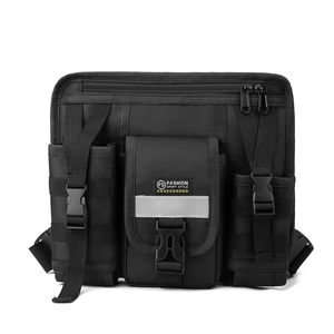Black tactical vest chest bag in waterproof oxford cloth with reflective strip accents