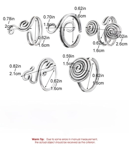 Size chart for geometric spiral rings set showing diameters and lengths in inches
