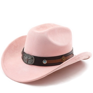 Pink wide brim cowboy hat detail with ethnic braided band and vintage sunburst ornaments