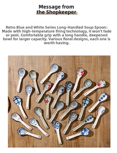 Macro view of blue and white ceramic soup spoons with a deep bowl and long curved handle