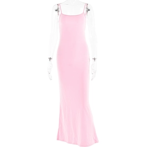 Front view of a pink backless slim-fit maxi dress on a mannequin with spaghetti straps