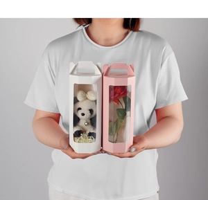 Handle detail of hexagonal PVC gift box with window showing panda plush and flower
