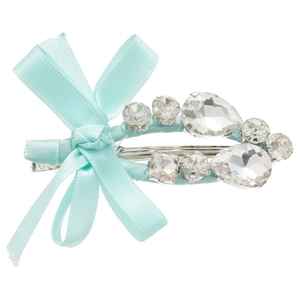 Barrette nœud en soie bleu clair élégante avec cristaux en goutte et base argentée