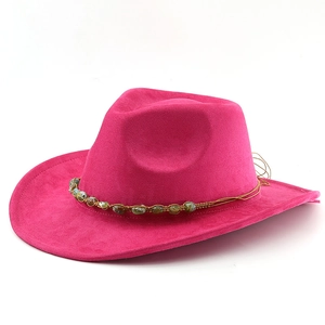Detailed top view of rose red suede cowboy hat with ethnic braided beaded band