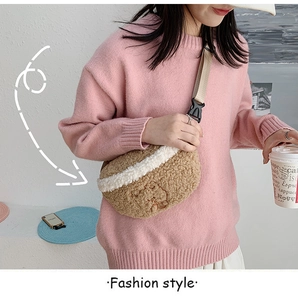 Detail of plush teddy bear crossbody bag with fine embroidery and adjustable strap