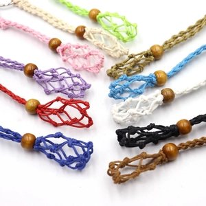 Handmade woven cord net keychain with wooden bead in various vibrant colors