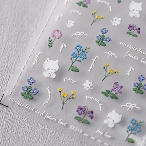 3D floral nail art stickers with blue flowers and cartoon cats in matte finish KX319