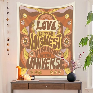70s retro wall tapestry with Love Is The Highest Vibration text for home room decoration