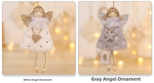 Detail of angel plush dolls in white and grey with heart and star ornaments