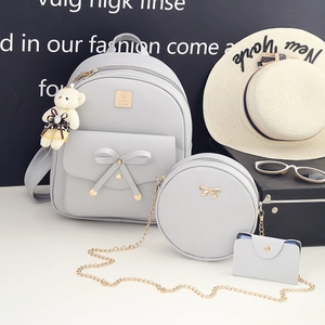 Fashion PU Leather Backpack With Round Crossbody Bag And Card Holder Bowknot Decor Bear Pendant Korean Style Women