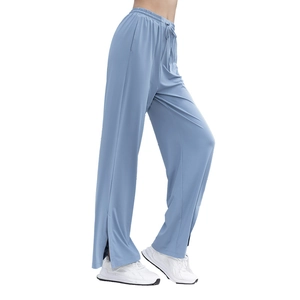 Pantalones de yoga azul claro de talle alto con cordón y aberturas laterales
