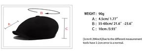 Detailed size chart for black newsboy cap showing brim depth and head circumference