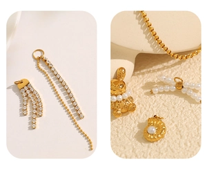 Detailed macro view of 18K gold plated charms with rhinestones and white pearls