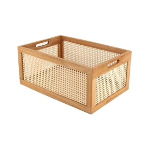 Handwoven rectangular rattan storage basket with wooden frame and side handles