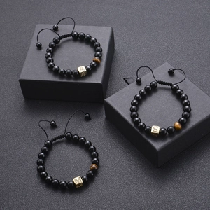 Tiger eye and onyx beaded bracelets with gold micro-inlaid zircon initial charms