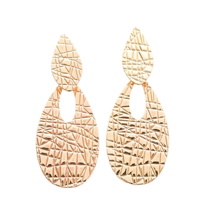 Golden teardrop earrings with textured geometric patterns and hollow drop design