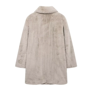 Back view of a long grey faux fur coat for women with a thick warm textured finish