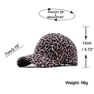 Leopard print faux suede baseball cap with dimensions: 7cm brim, 12cm height, adjustable strap