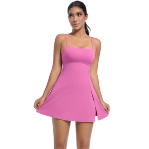 Detailed view of the side slit and high-elastic fabric on this pink tennis bodysuit dress