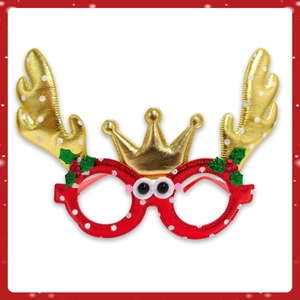 Détail de lunettes de Noël avec bois de renne dorés et couronne sur monture rouge
